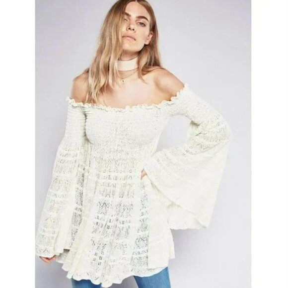 COPY - FREE PEOPLE Cream Crochet Flare Sleeve Off Shoulder Free Flow Top Medium - Picture 1 of 14
